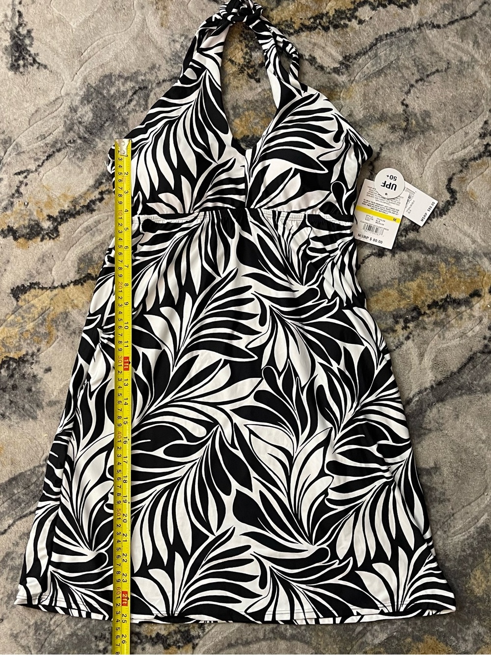 24th & Ocean Black & White Twist Halter Swimdress with Leaf Print - Picture 4 of 16